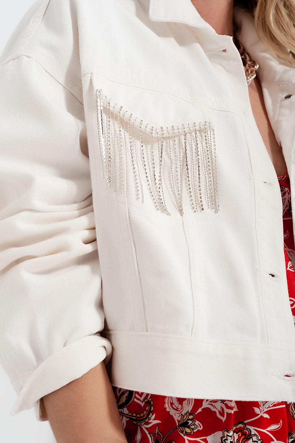 White Denim Jacket with Crystal Fringe