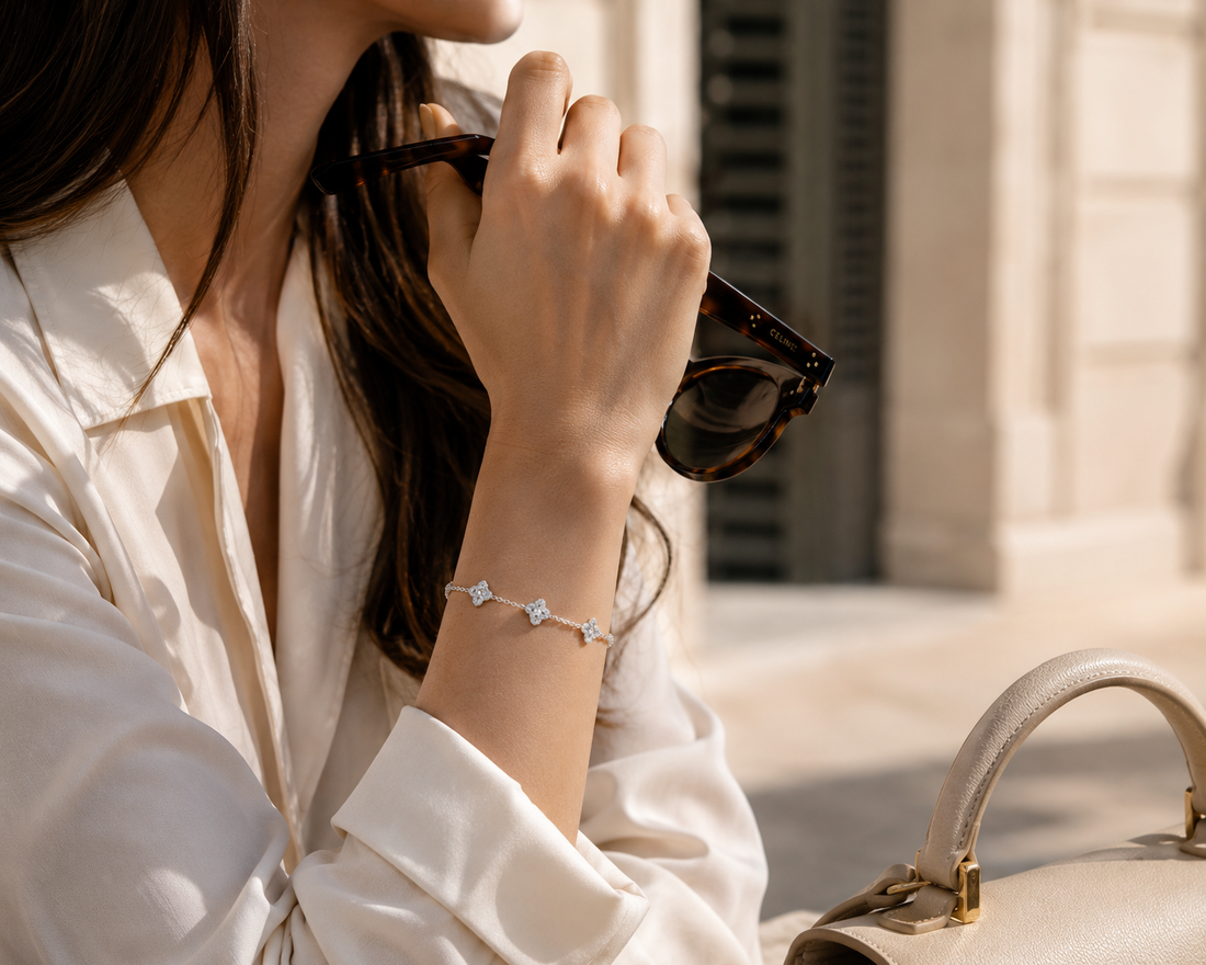 Delicate Clover Bracelet – Elegant Moissanite Sparkle
