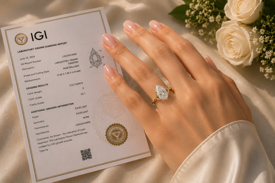 Pear Cut Lab-Grown Diamond Engagement Ring with Leaf Setting | Solid Gold