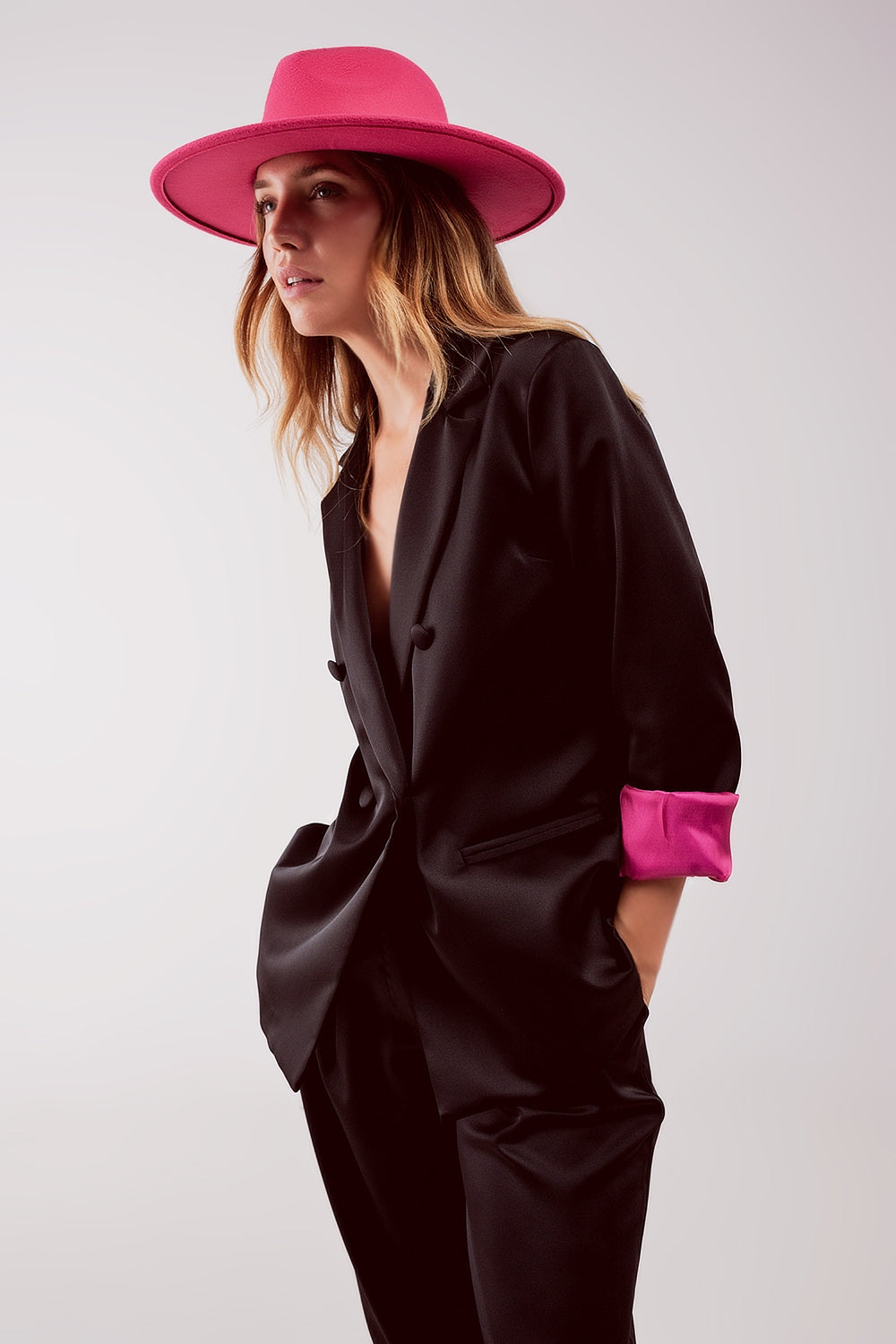 Satin Double Breasted Blazer - Black