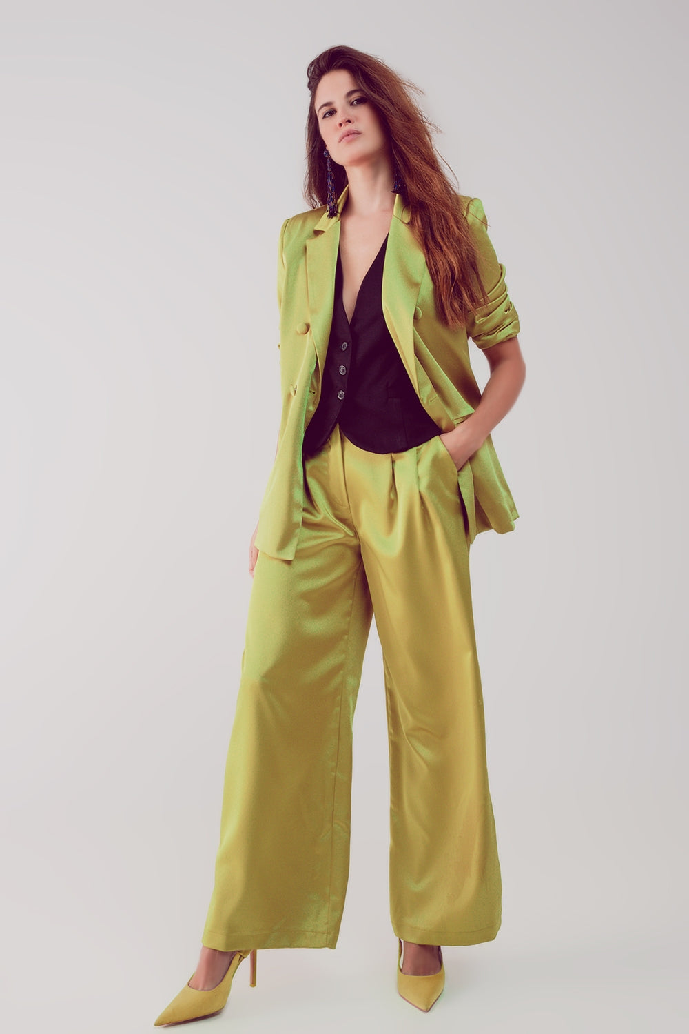 Satin Double Breasted Blazer - Lime